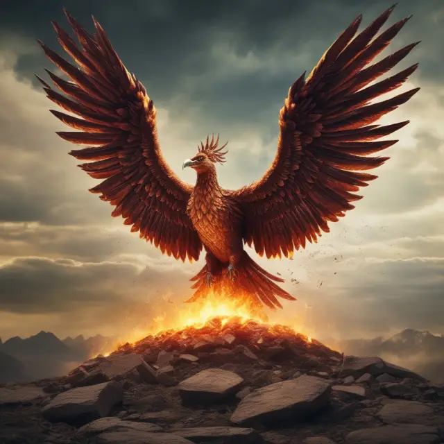 A majestic Phoenix rises from financial ruins, representing the resilience and transformation of savings institutions under OTS oversight