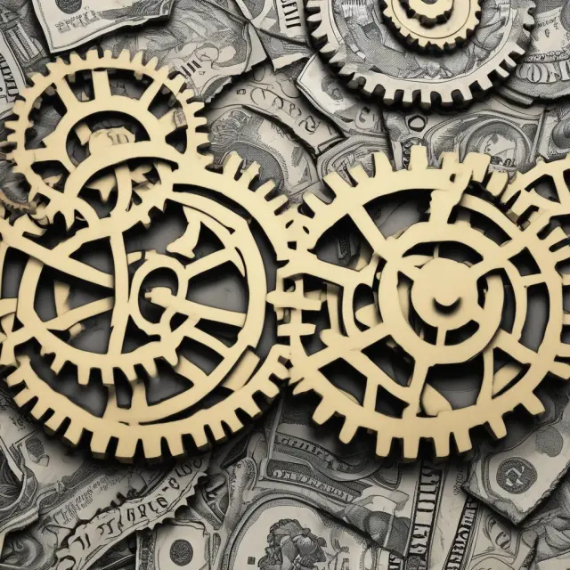 Gears representing cash and accrual accounting methods intertwining around machinery, illustrating the impact on profitability.