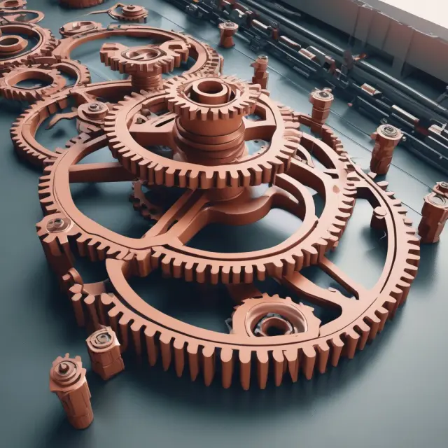 Factory with gears symbolizing outlay costs engaging with a cogged wheel representing budgeting for efficient financial management.