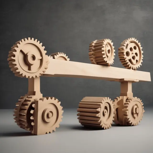 Balance beam with gears symbolizing different outlay cost components for effective project budgeting