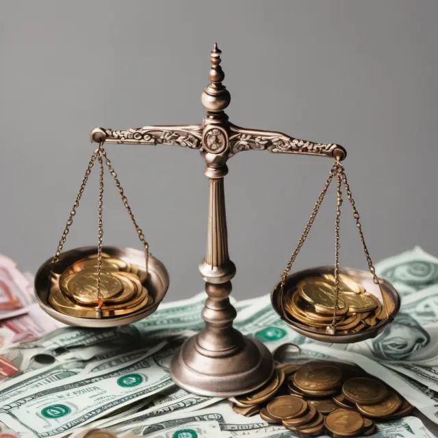 A pair of scales balancing coins and dollar bills, symbolizing the calculation of out-of-pocket healthcare expenses