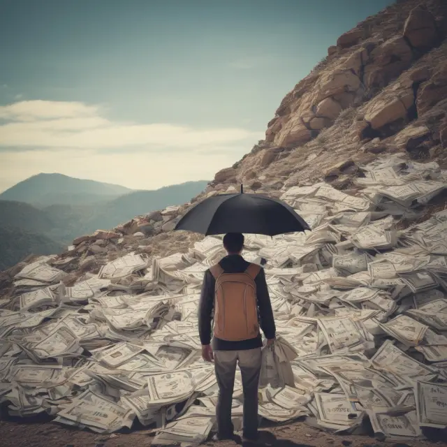 A person holds an umbrella to protect themselves from a towering stack of medical bills while a sign displaying their out-of-pocket maximum limit is visible in the background