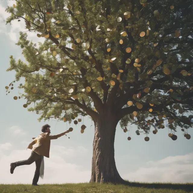Individual under a tree with branches offering coins (CSRs) and fruit representing reduced out-of-pocket maximums