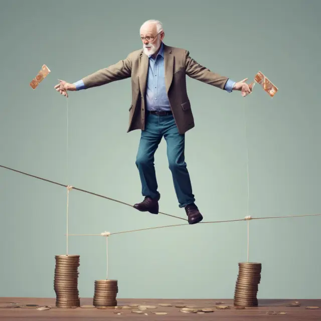 Retiree balances on a tightrope while holding Medicare cards and coins, symbolizing the importance of managing out-of-pocket maximums during retirement planning.