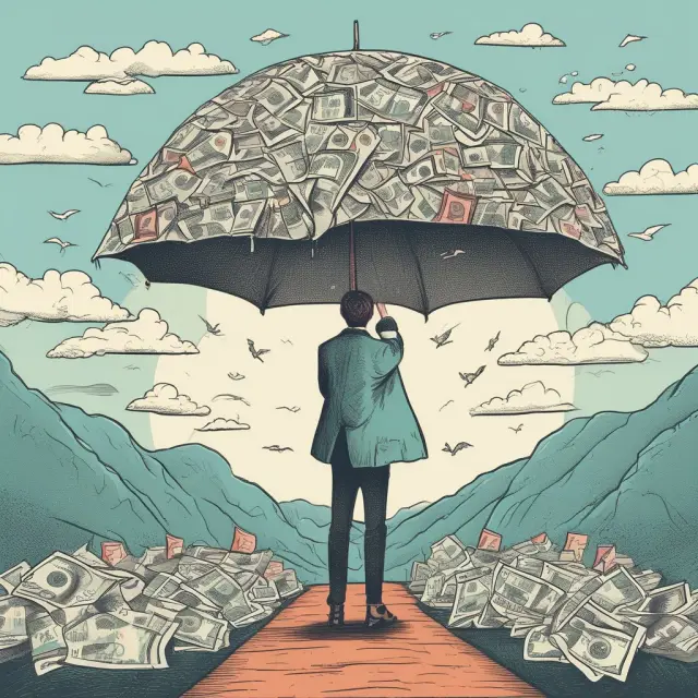 Individual climbing a mountain of medical bills, shielded by an umbrella labeled 