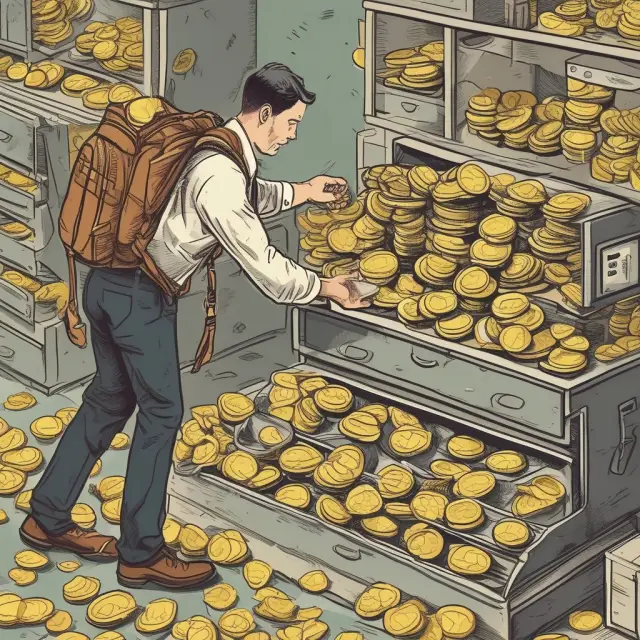 An employee balances a backpack of gold coins (work-related expenses) on one scale, as an efficient accounting machine sorts and counts the coins for reimbursement