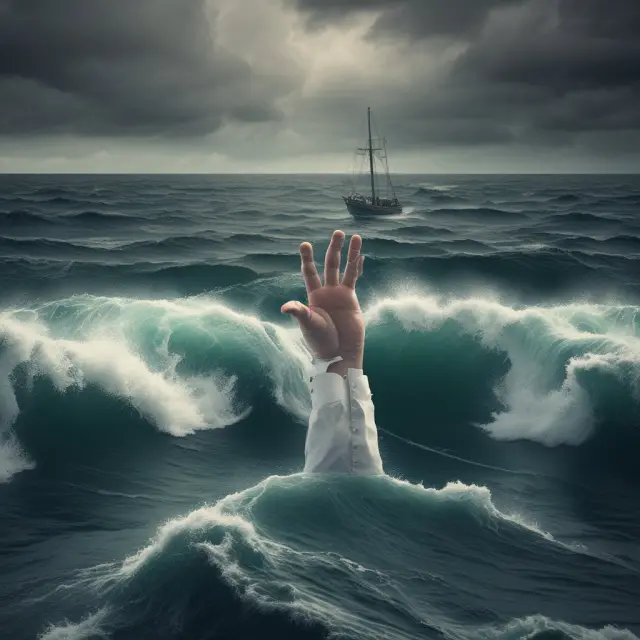 An employer extending assistance through outplacement programs, represented by a calming hand in the midst of a turbulent sea, supporting an employee during career transitions.