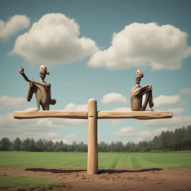A balance between potential and actual economic output on a seesaw, representing positive and negative output gaps