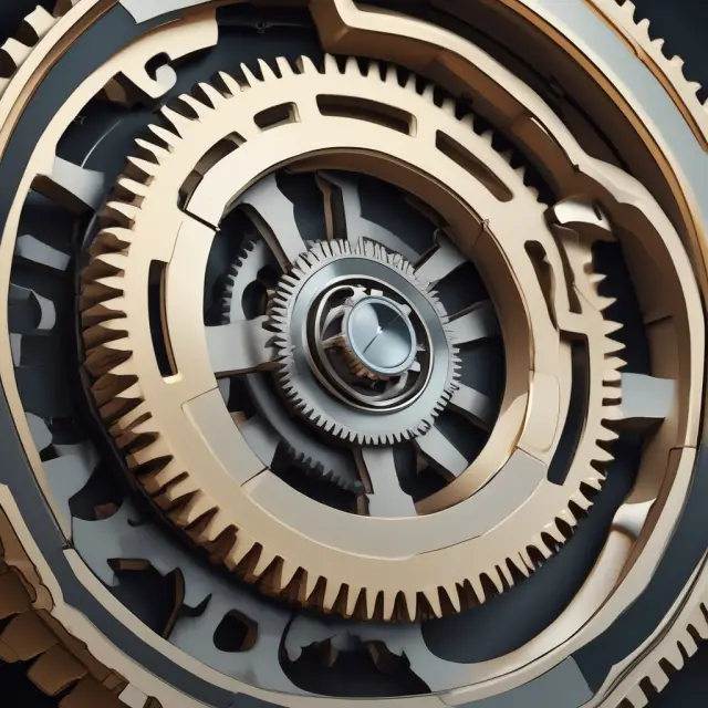 An intricate gear system with a swinging pointer represents the output gap, illustrating its role in measuring an economy