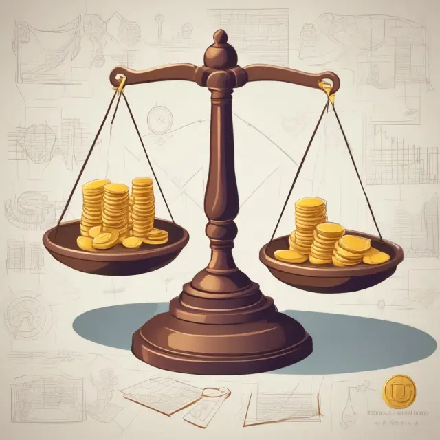 Golden scales with charts and coins: Output gap balancing fiscal and monetary policies.