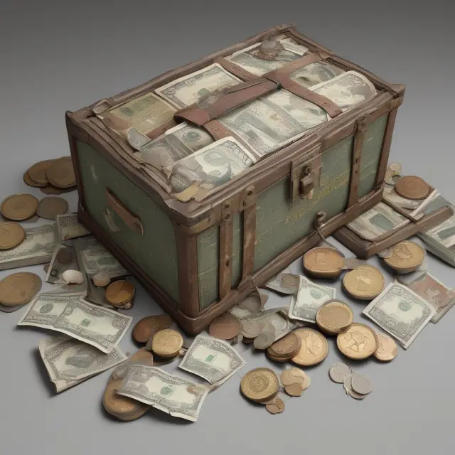 An intricately designed time capsule filled with interlocking coins representing various currencies, each labeled with a date and an exchange rate.