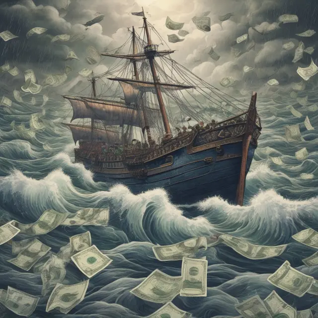 A sailor bravely navigates a turbulent sea of various currencies, employing umbrellas symbolizing risk-mitigating strategies to shield against potential losses.