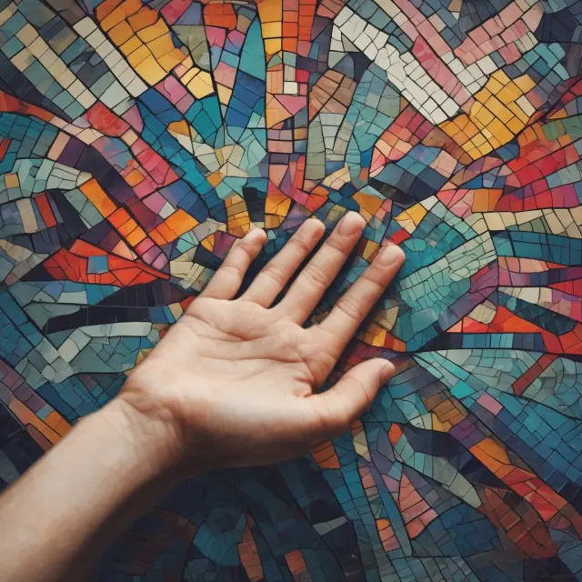 Hand pointing to a chart mosaic, choosing between call and put options