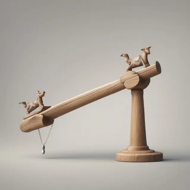 A balanced seesaw with call and put options illustrating market equilibrium