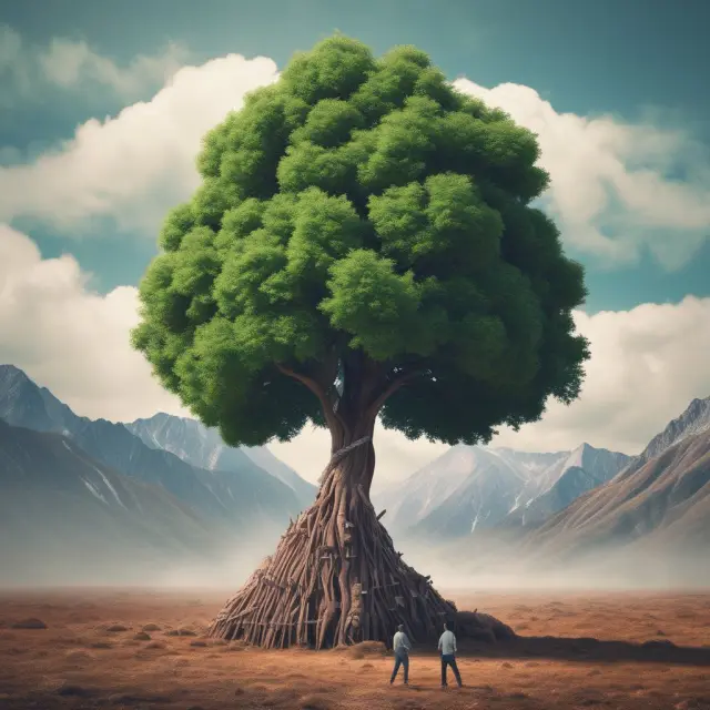 Institution holding a protective put option as a shield for their stock tree, while a retail trader climbs an opportunities mountain with long call options