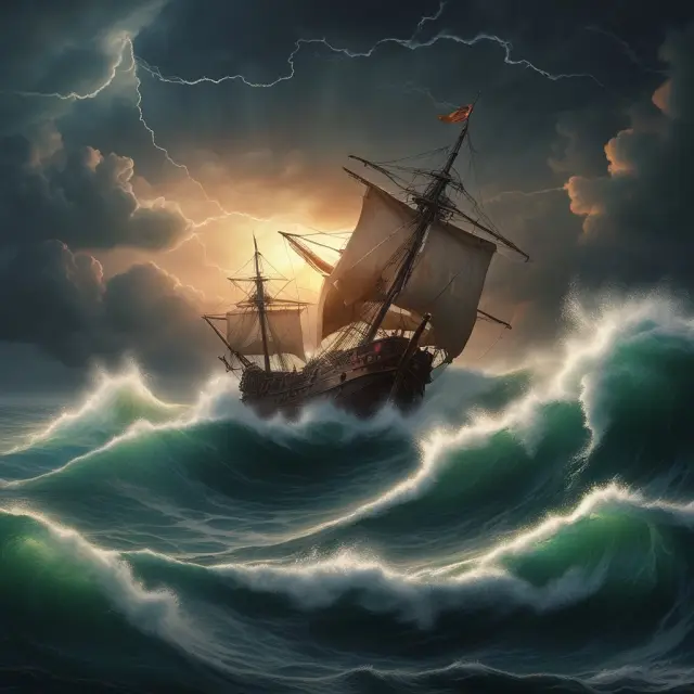 A wizened options trader braves treacherous financial waters, steering a ship through fluctuating stock prices, deciding when to exercise calls and puts.