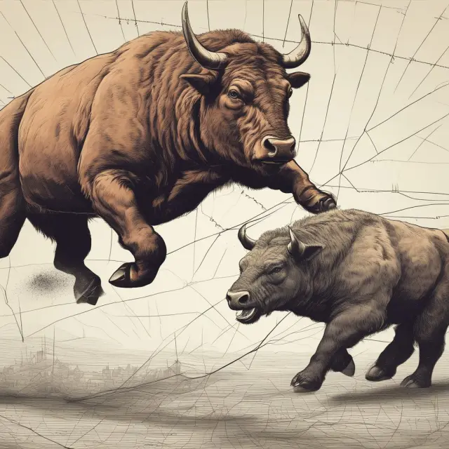 Two animals symbolizing bull and bear engaging in a clash, with the resulting candlestick displaying an outside day pattern on a financial chart