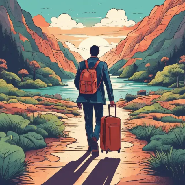 An outside sales professional with a briefcase, traveling to various landscapes for client meetings