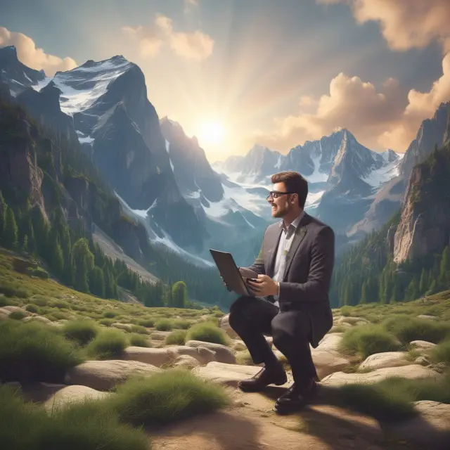 A salesperson engaging with clients in person at the base of towering digital mountains, symbolizing the balance between traditional and modern sales methods