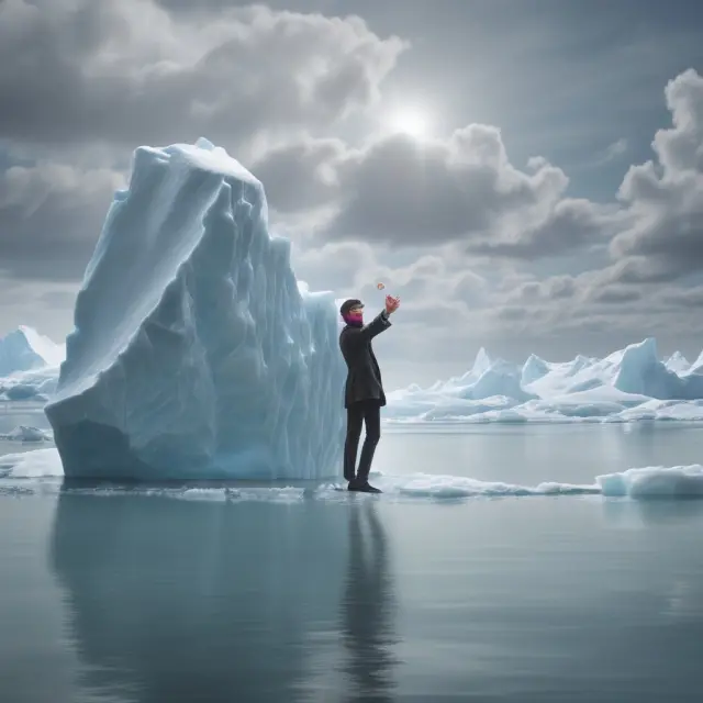 An outside director, symbolizing objectivity and potential information gap, stands uncertainly atop a melting iceberg