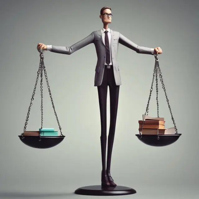 Outside director on a throne with a balance scale, symbolizing the need to manage compensation and liability. Stock options in one pan, retainer fees in another.