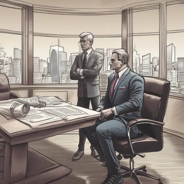 An outside director, symbolized by an ancient guardian, diligently monitoring the corporate table with strategic plans and financial documents.