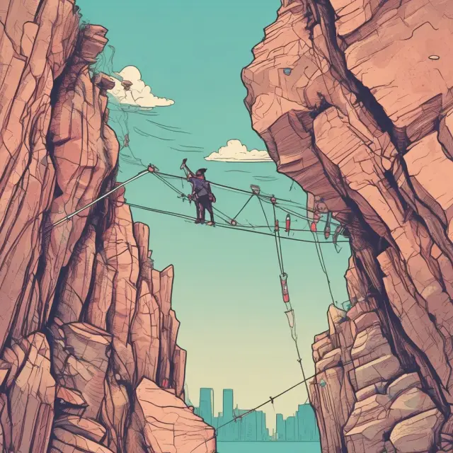 A person balancing on a tightrope with security threats, communication challenges, and potential regulatory issues represented as jagged rocks