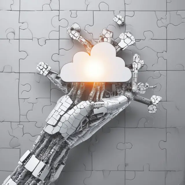A robot assembles puzzle pieces representing cloud computing, robotics process automation (RPA), and artificial intelligence (AI) trends in the outsourcing landscape.