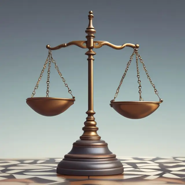 An image of an outstanding check hovering between a set of balancing scales and an hourglass