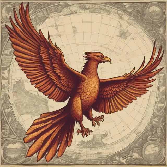 A mythical phoenix emerging from old maps, representing mature economies expanding via Outward Direct Investment