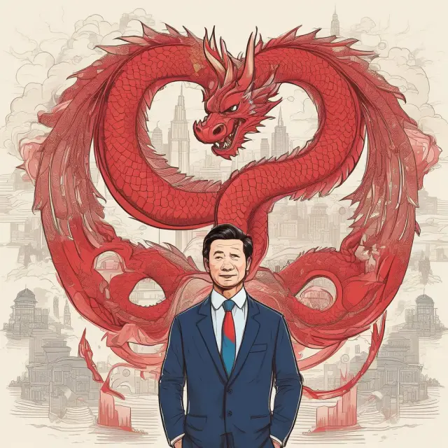 An image of a majestic Chinese dragon soaring above various continents and markets, symbolizing China
