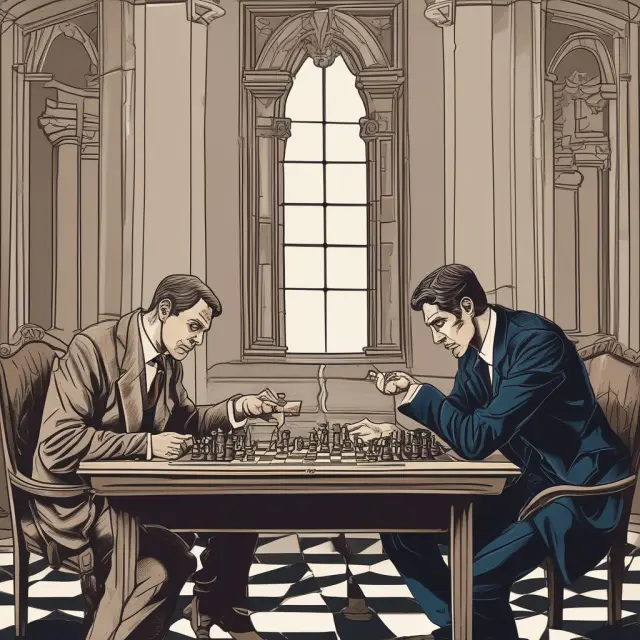 Two bankers play a game of chess: one represents outward arbitrage with foreign currency in hand and the other symbolizes inward arbitrage with domestic currency.