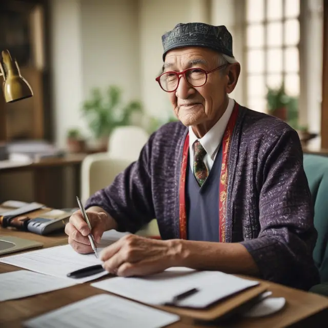 An elderly person receiving a gold coin symbolizing the over-55 home sale exemption, with a background of golden houses representing a prosperous real estate market