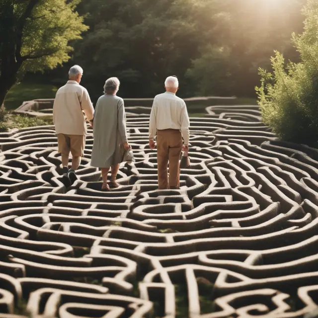 An elderly couple navigating a maze, seeking alternatives for avoiding capital gains taxes on selling their home before reaching age 55