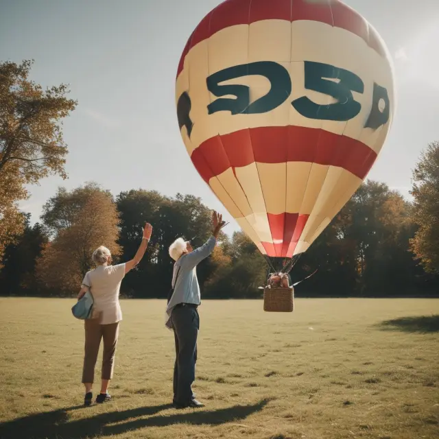 An elderly couple releasing a hot air balloon labeled 