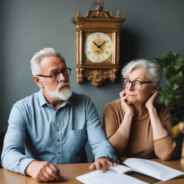 Golden clock symbolizes the passage of time as senior couple considers home sale and associated tax implications.