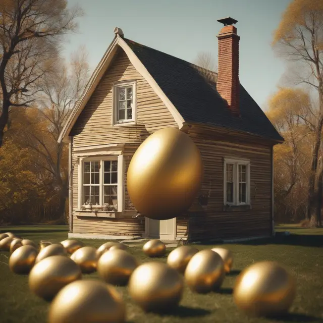A worn-out house magically turning into a gleaming golden egg symbolizing the potential tax savings of selling a home
