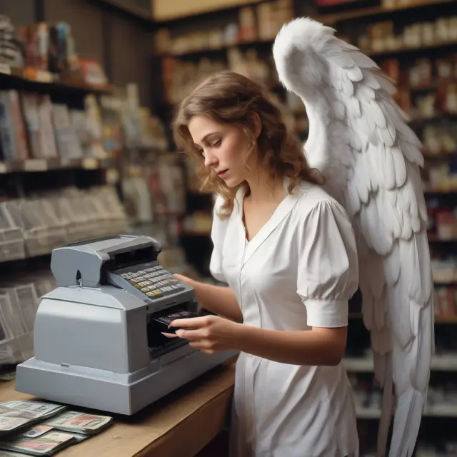 An angel watching over a cash register with scales and a shield, symbolizing effective controls for minimizing discrepancies