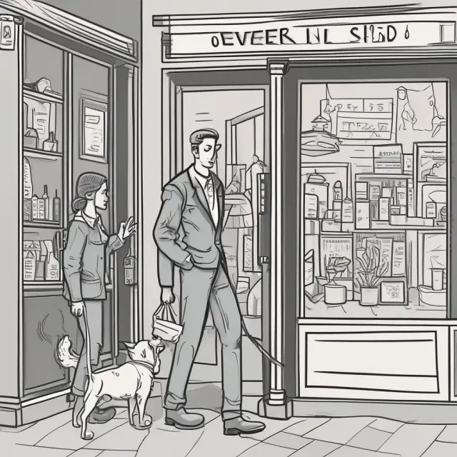 A customer exiting a store, pulling back on a leashed salesperson representing over-selling. Emphasizes respecting customer autonomy for positive retail interactions.