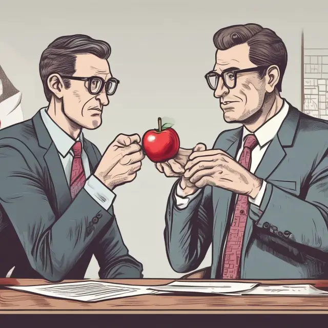 Financial advisor holding a red apple while speaking to an investor, illustrating the temptation of misleading investment advice