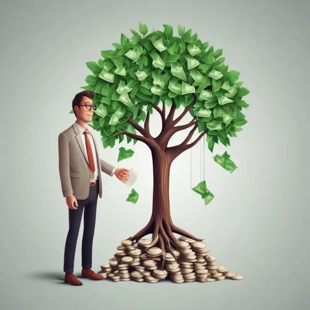 A salesperson standing by a money tree laden with gold coins, symbolizing commission structures