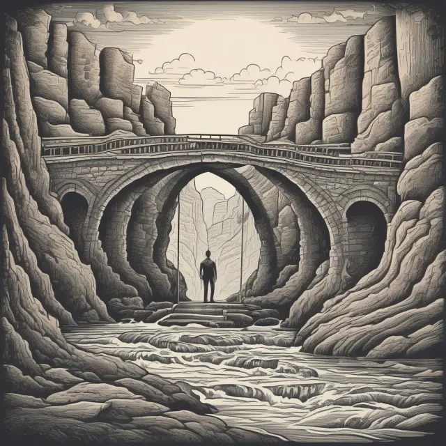 A dilapidated bridge symbolizing the fractured trust between a salesperson and investor, with chasms representing over-selling