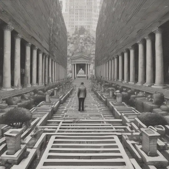 An image of FINRA guardians standing in a maze-like representation of the OTC markets, watching over transactions with a protective gaze.