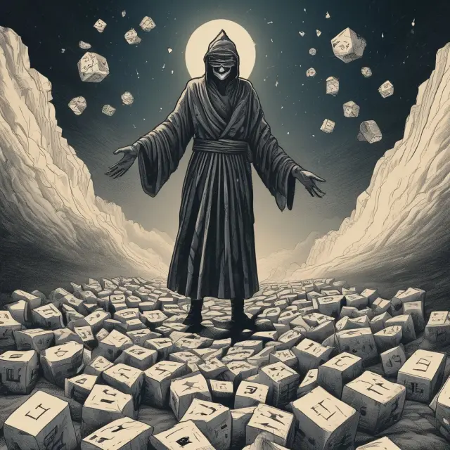 An enigmatic character holds a dice against the edge of a dark abyss filled with contracts, representing counterparty risk in over-the-counter markets.