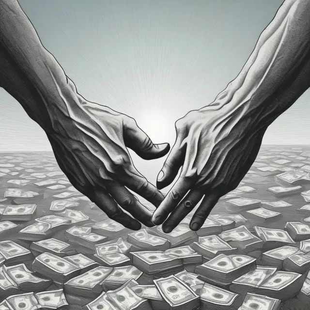Hands merging two OTC contracts in a tumultuous financial sea, signifying market consolidation and regulatory initiatives during the global credit crisis