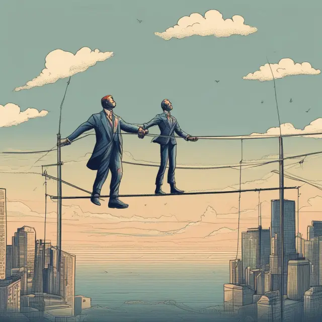 Portfolio manager weighing options on a tightrope between selling OTC shares at lower price or placing a limit order, illustrating investment risk vs reward