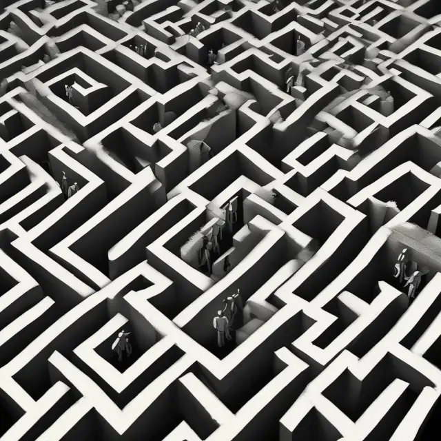 Investors exploring an intricate, winding labyrinth representing the complex over-the-counter market, seeking to connect with elusive counterparties for securities and financial instruments.