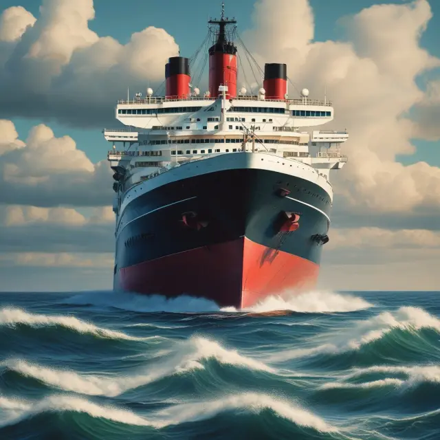 Ocean liner navigating sea waves, symbolizing insurance companies managing liquidity with conditional reserves as buoys