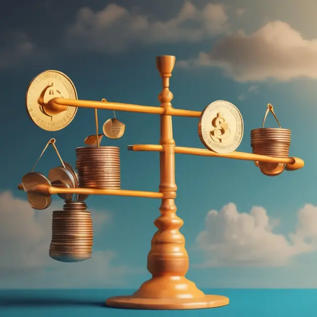 A person balancing coins on a seesaw between total assets and liabilities, with conditional reserves below.