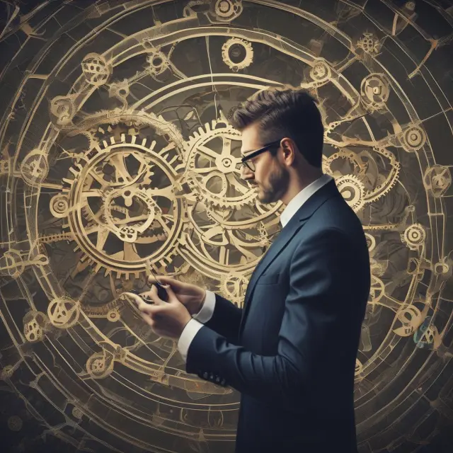 An accountant scrutinizing gears interconnecting to represent overall turnover and turnover ratios in financial statements